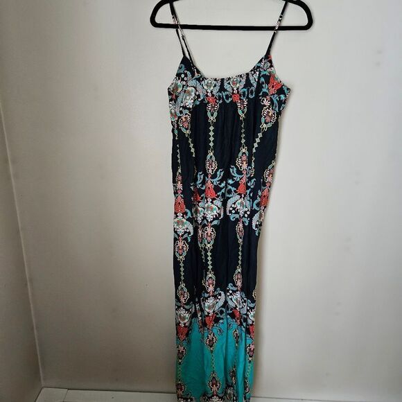 Xhilaration Maxi Dress Spaghetti Strap Navy Blue Printed V-Neck Casual Vacation - Picture 6 of 11